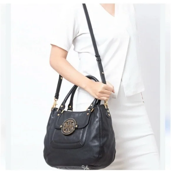 Tory Burch Amanda Black Leather Hobo Tote Bag Convertible Shoulder Crossbody - Picture 2 of 10